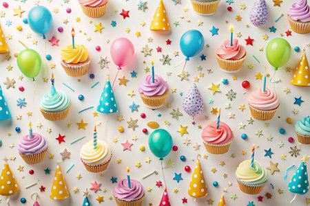 Festive birthday cupcakes, balloons, confetti, and party hats background.の素材