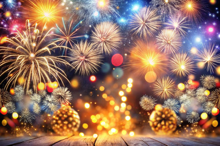 Festive fireworks display with golden ornaments on wooden surface.の素材