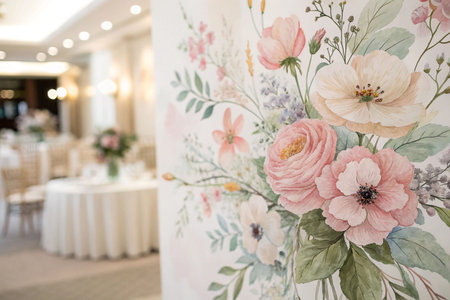 Pastel floral backdrop at elegant wedding reception.の素材