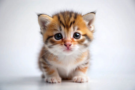 Adorable tiny kitten with orange and white fur sitting on white background.の素材