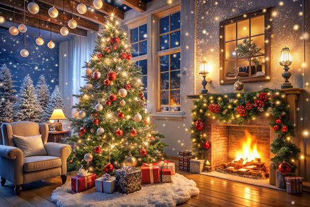 Cozy Christmas living room with decorated tree, fireplace, and presents.の素材