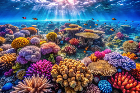 Vibrant coral reef teeming with colorful fish and diverse marine life under sunlit ocean water.の素材