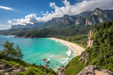 Tropical beach, turquoise water, mountains, coast,  scenic view.の素材
