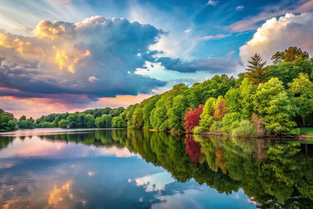 Serene lake reflecting vibrant sunset sky and lush foliage.の素材