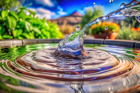 Water droplet splashing in a stone birdbath.の素材