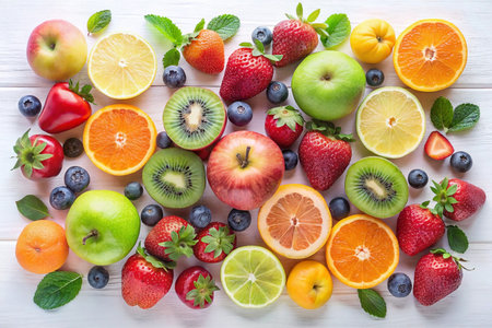 Colorful assortment of fresh fruits on white wood.の素材