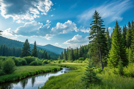 Serene mountain river flows through lush green meadow, under a vibrant blue sky.の素材