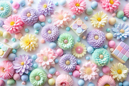 Pastel flowers and colorful beads on white background.の素材