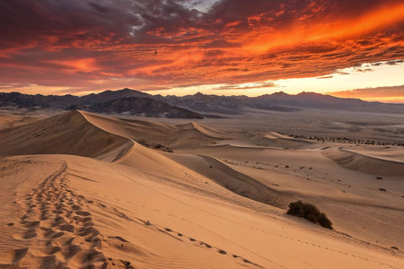 Dramatic sunset over desert dunes with footprints.の素材