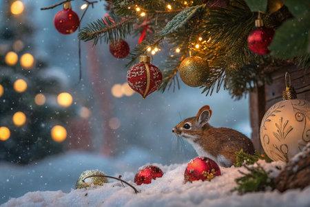 Adorable rabbit under a snowy Christmas tree.の素材