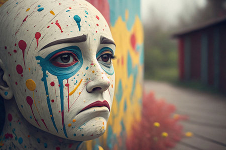 Sad clown face art, colorful paint splatters, close-up.の素材
