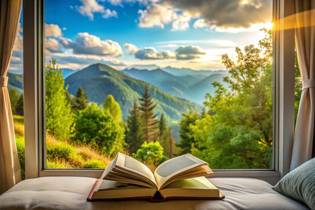 Open book on window sill, scenic mountain view.の素材