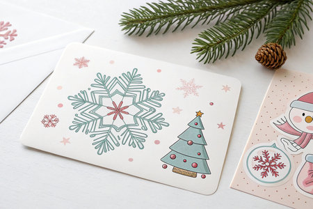 Festive Christmas card with snowflake, tree, and envelope.の素材