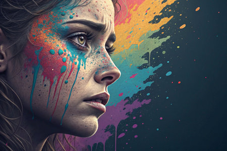 Colorful paint splashes on a woman's face, profile view, sad expression.の素材