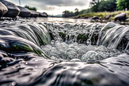 Close-up of bubbling water cascading over rocks in a creek.の素材