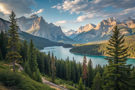 Panoramic view of turquoise lake nestled in majestic mountains at sunset.の素材