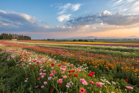 Vibrant sunset over colorful flower field.の素材