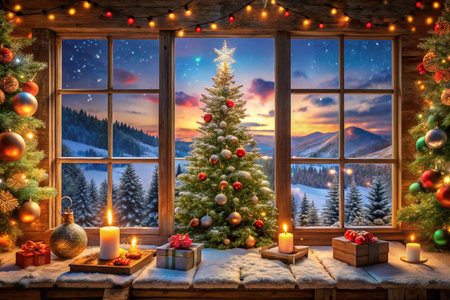 Christmas tree viewed through a rustic window at sunset.の素材