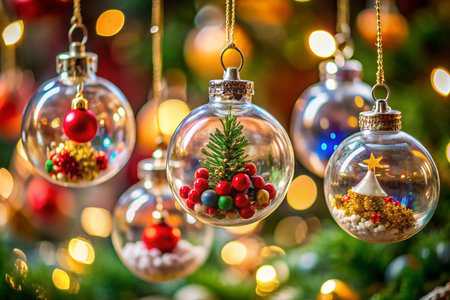 Festive clear glass Christmas ornaments with miniature scenes inside, hanging against a bokeh background.の素材