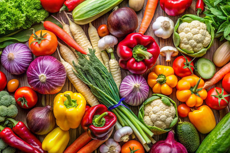 Colorful array of fresh vegetables on wood.の素材
