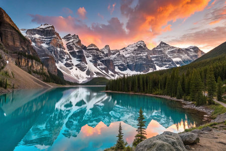 Stunning sunrise over turquoise lake reflecting snow-capped mountains.の素材