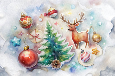 Watercolor Christmas illustration with reindeer, ornaments, tree, and gifts on snowy background.の素材