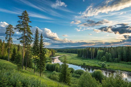 Serene river flowing through lush green forest landscape under a vibrant sunset sky.の素材