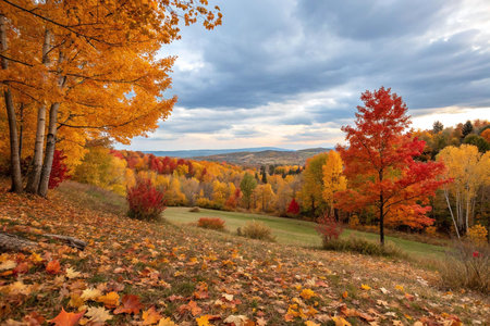 Vibrant autumn foliage blankets a rolling hillside, showcasing a picturesque landscape under a cloudy sky.の素材