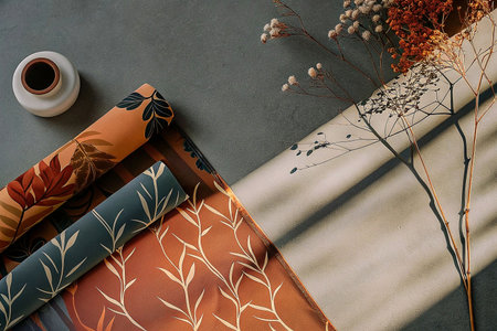 Autumnal design wrapping paper rolls and dried flowers on grey background.の素材
