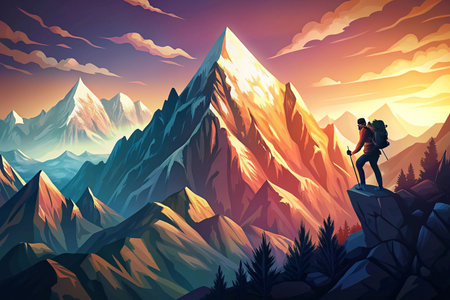 Adventurer atop peak, majestic mountain range at sunset.の素材