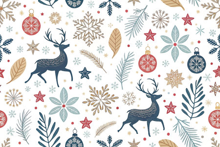 Seamless Christmas pattern with reindeer, snowflakes, stars, ornaments, and leaves on white background.の素材