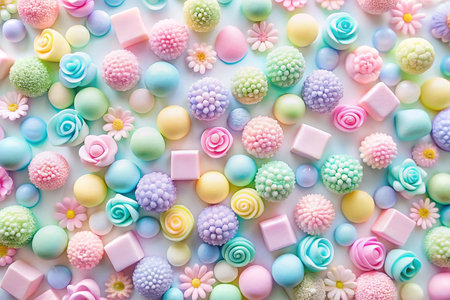 Pastel-colored flowers, spheres, and squares background.の素材