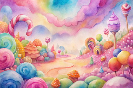 Watercolor candy land landscape with whimsical path.の素材