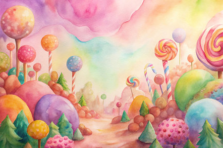 Watercolor candy land landscape with lollipops, gumdrops, and trees.の素材