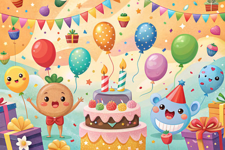 Festive cartoon birthday party scene with cake, balloons, gifts, and cute characters.の素材