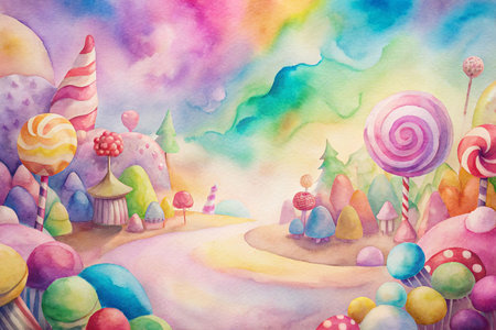 Whimsical candy landscape watercolor painting.の素材