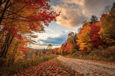 Scenic autumn road with vibrant foliage and cloudy sunset.の素材