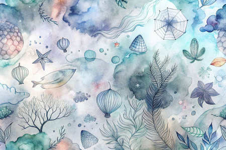 Watercolor seamless pattern with underwater and sky elements.の素材
