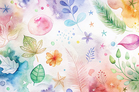 Watercolor floral pattern with leaves, flowers, and stars on a white background.の素材