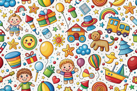 Colorful seamless pattern with kids toys, balloons, and stars.の素材