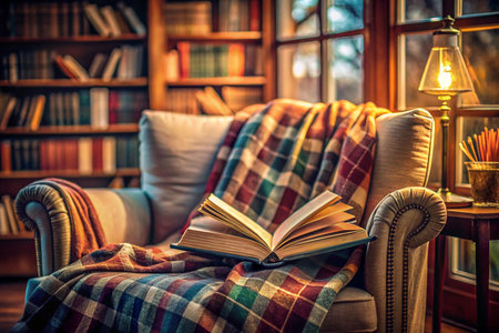 Cozy armchair with open book, blanket, and library background.の素材