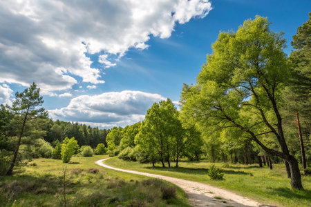 Sunny day, winding road through lush green forest.の素材