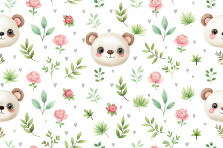 Cute panda bear and floral seamless pattern.の素材