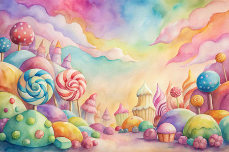 Watercolor candy land landscape with lollipops, cupcakes, and colorful hills.の素材