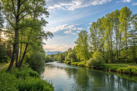 Serene river flowing through lush green forest under a vibrant sky.の素材