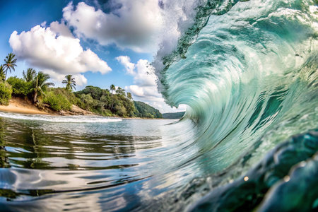Crystal-clear turquoise wave barrel breaking near tropical beach.の素材