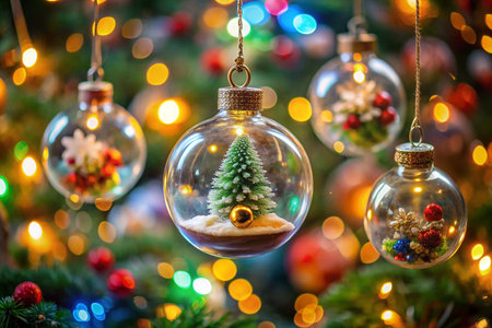 Christmas tree ornaments with miniature scenes inside, hanging on a decorated Christmas tree.の素材