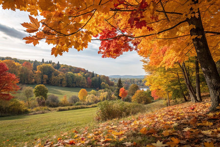 Vibrant autumn foliage over scenic valley.の素材