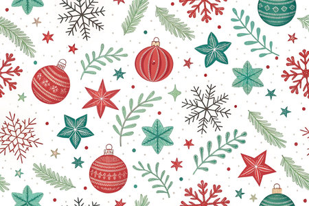 Festive Christmas pattern with ornaments, snowflakes, and stars.の素材