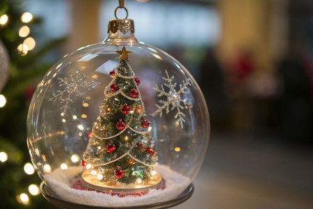 Miniature Christmas tree inside a glass ball ornament.の素材